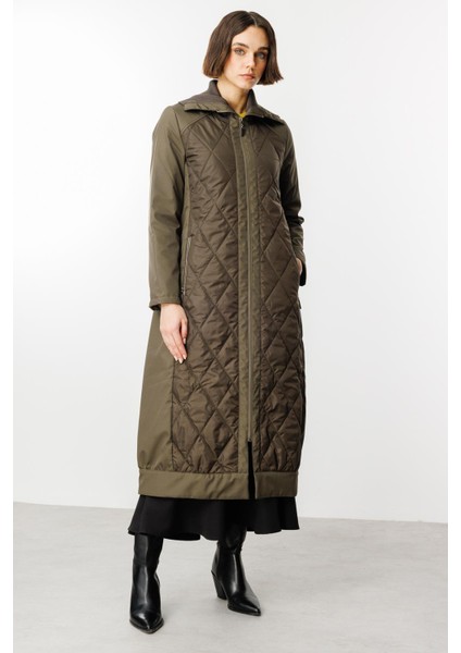 Triko Yaka Detaylı Kapitone Dolgulu Kaban-Haki