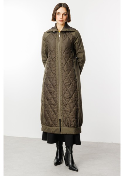 Triko Yaka Detaylı Kapitone Dolgulu Kaban-Haki