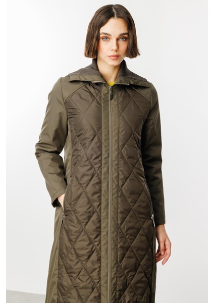 Triko Yaka Detaylı Kapitone Dolgulu Kaban-Haki