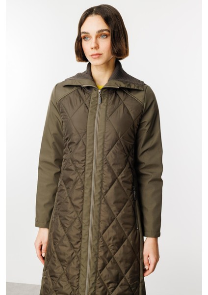 Triko Yaka Detaylı Kapitone Dolgulu Kaban-Haki