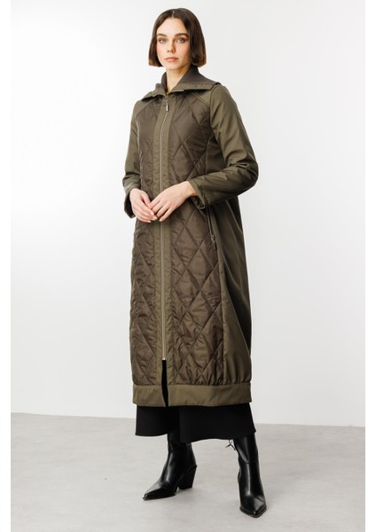 Triko Yaka Detaylı Kapitone Dolgulu Kaban-Haki