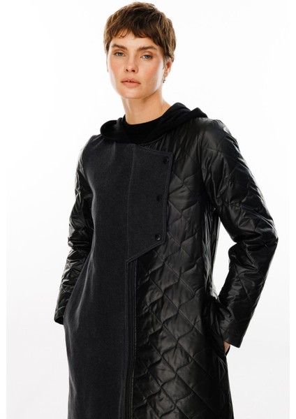 Via Denim(Kot) Detaylı Dolgulu Spor Baharlık Trench Kaban-Siyah