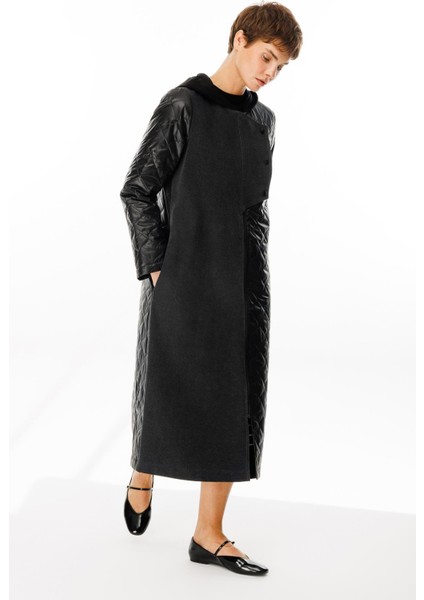 Via Denim(Kot) Detaylı Dolgulu Spor Baharlık Trench Kaban-Siyah modelleri