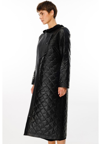 Via Denim(Kot) Detaylı Dolgulu Spor Baharlık Trench Kaban-Siyah