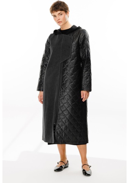 Via Denim(Kot) Detaylı Dolgulu Spor Baharlık Trench Kaban-Siyah