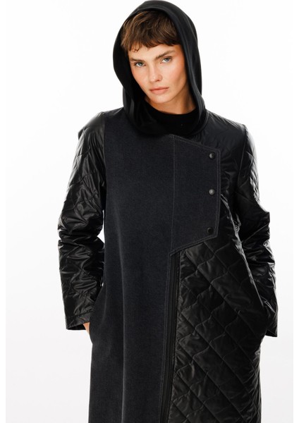 Via Denim(Kot) Detaylı Dolgulu Spor Baharlık Trench Kaban-Siyah