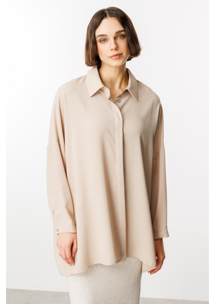 Özel Kalıp Zamansız Akıcı Kumaştan Bluz Tunik-Taş