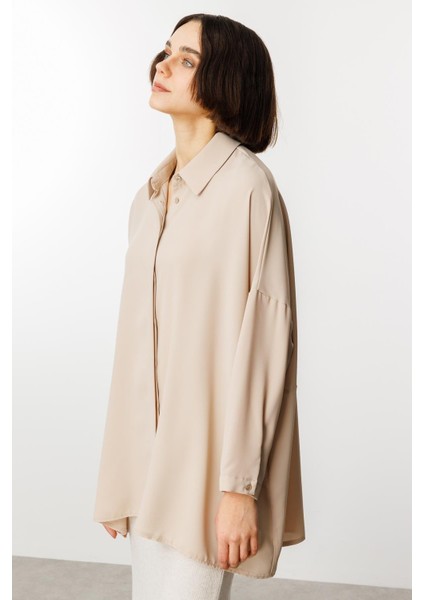 Özel Kalıp Zamansız Akıcı Kumaştan Bluz Tunik-Taş