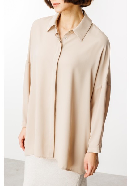 Özel Kalıp Zamansız Akıcı Kumaştan Bluz Tunik-Taş