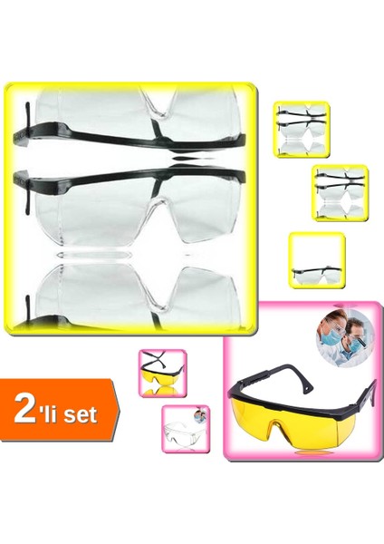 Korumalı Laboratuvar Gözlüğü Şeffaf + Laboratuvar Çapak Gözlüğü Sarı - 2li Set Y4B8C2