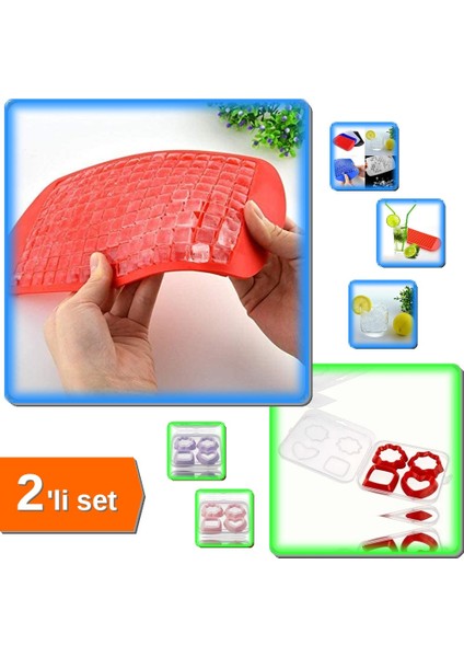 160 Bölmeli Mini Küp Silikon Buz Kalıbı + Kurabiye Kalıbı 4 Parça 8 Şekil Saklama Kutulu - 2li Set