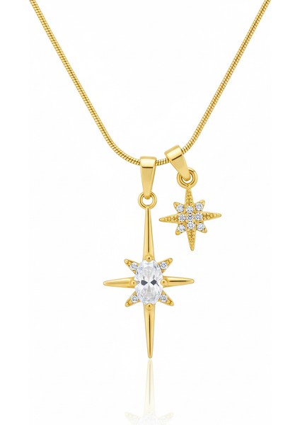 Çelik Ikili Yıldız Kolye Zirkon Taşlı Kararmaz Yılan Zincir Takı