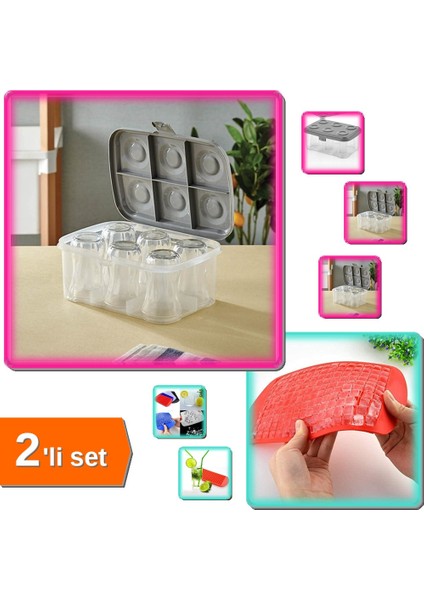 Bardak Taşıma Kutusu Şeffaf 6 Adet Kapasiteli + 160 Bölmeli Mini Küp Silikon Buz Kalıbı - 2li Set