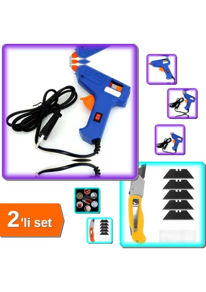 Sıcak Silikon Tabancası Aç/kapa Düğmeli 20WATT + Halı Alçıpan Için 5 Bıçaklı Falçata - 2li Set X6L0E