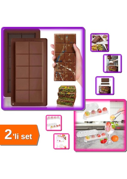 Meşhur Dubai Çikolatası Kalıbı Silikon + Silikon Tabanlı 4 Bölmeli Şeffaf Buz Kalıbı - 2li Set X6C1D