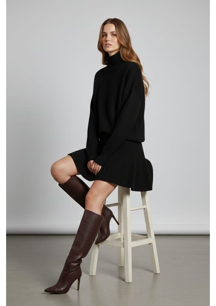 Kadın Boğazlı Kazak Etek Ikili Triko Takım modelleri