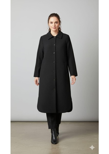 Jakar Kapitone ve Krep Garni Detaylı Mevsimlik Içi Astarlı Trench Ferace Kap-Siyah