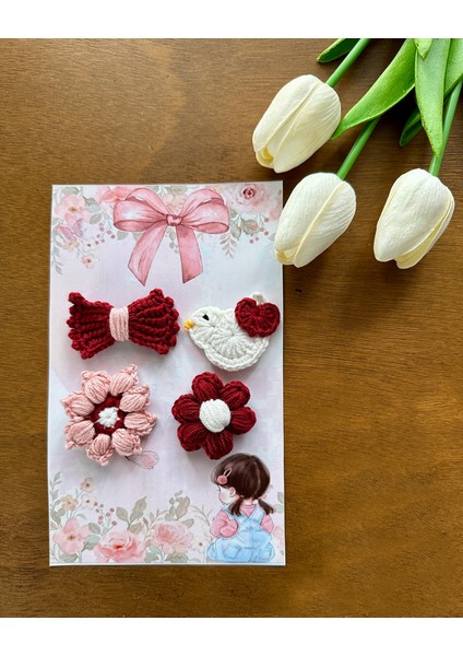 Yenidoğan Bebek Tokası El Emeği Karma 4'lü Set Saçsız Kırmızı Bebek Toka Seti