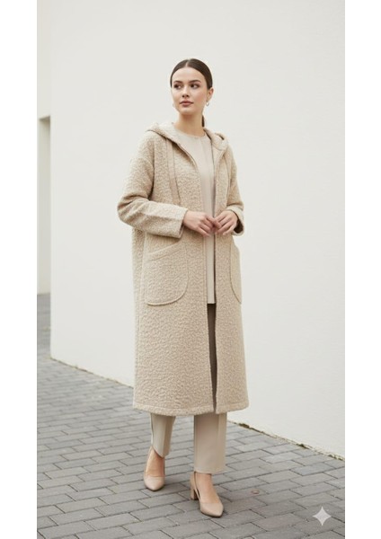 Yün Görünümlü Aksesuar Detaylı Hafif Giy Çık Hırka Kaban-Taş