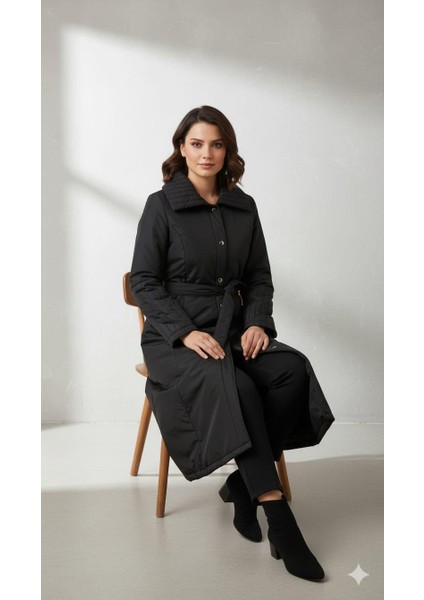 Özel Soft Iç Dolgu ve Dış Katman El Işi Yaka ve Kol Detaylı Özel Üretim Kaban Manto-Siyah fırsatları