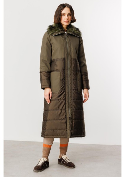 Peluş Yakalı Dolgu Iç Beden Spor Kaban Manto-Haki