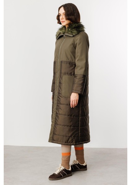 Peluş Yakalı Dolgu Iç Beden Spor Kaban Manto-Haki fiyatları