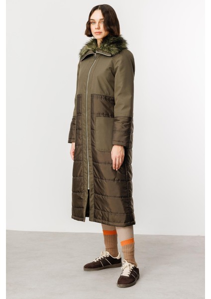 Peluş Yakalı Dolgu Iç Beden Spor Kaban Manto-Haki modelleri