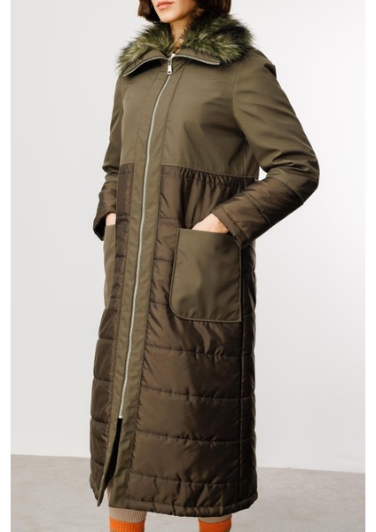 Peluş Yakalı Dolgu Iç Beden Spor Kaban Manto-Haki fırsatları