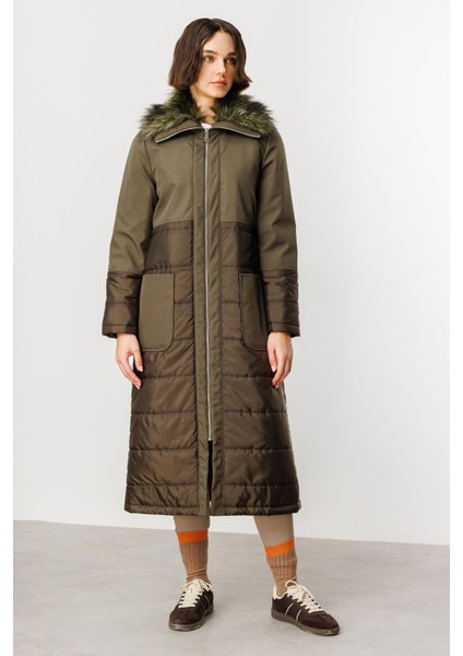 Peluş Yakalı Dolgu Iç Beden Spor Kaban Manto-Haki indirimleri