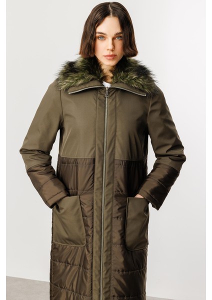 Peluş Yakalı Dolgu Iç Beden Spor Kaban Manto-Haki