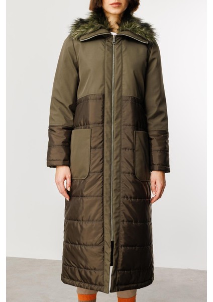 Peluş Yakalı Dolgu Iç Beden Spor Kaban Manto-Haki