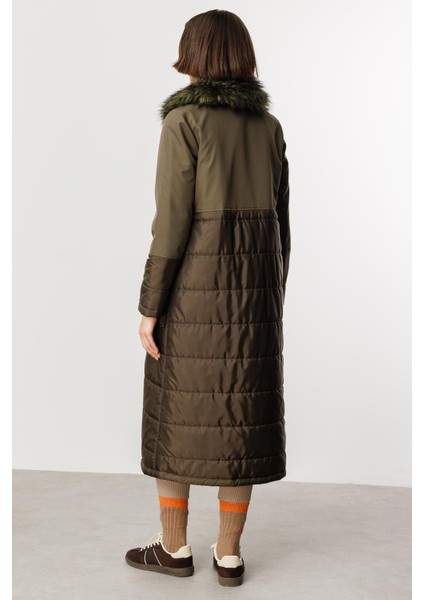 Peluş Yakalı Dolgu Iç Beden Spor Kaban Manto-Haki