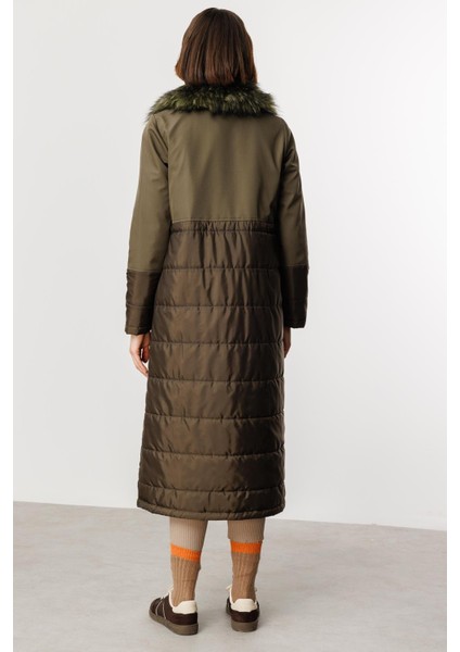 Peluş Yakalı Dolgu Iç Beden Spor Kaban Manto-Haki