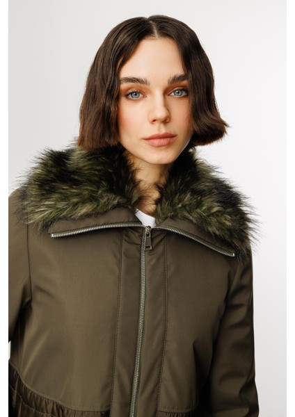 Peluş Yakalı Dolgu Iç Beden Spor Kaban Manto-Haki