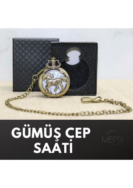 Gümüş At Desenli Cep Saati | Zincirli Vintage Tasarım Hediyelik Metal Quartz Cep Saati