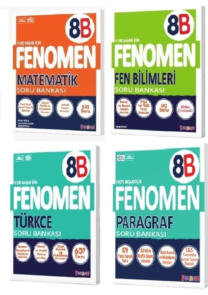 8. Sınıf Matematik (B) - Fen Bilimleri (B) - Türkçe (B) - Paragraf (B) Soru Bankası Seti (4 Kitap)