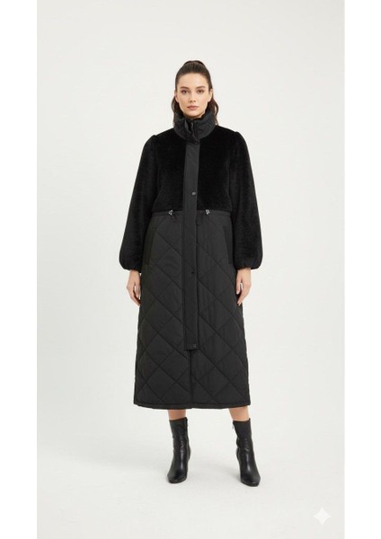 Soft Peluş Üst Beden Dolgulu Alt Beden Spor Kaban-Siyah