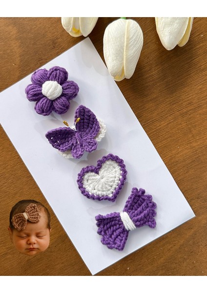 Yenidoğan Bebek Tokası El Emeği Karma 4'lü Set Saçsız Mor Bebek Toka Seti