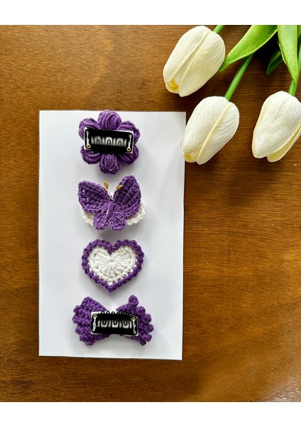 Yenidoğan Bebek Tokası El Emeği Karma 4'lü Set Saçsız Mor Bebek Toka Seti modelleri