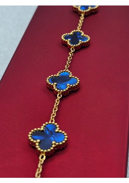 Yonca Model Sedefli Mavi Çelik Bileklik Gold Renk