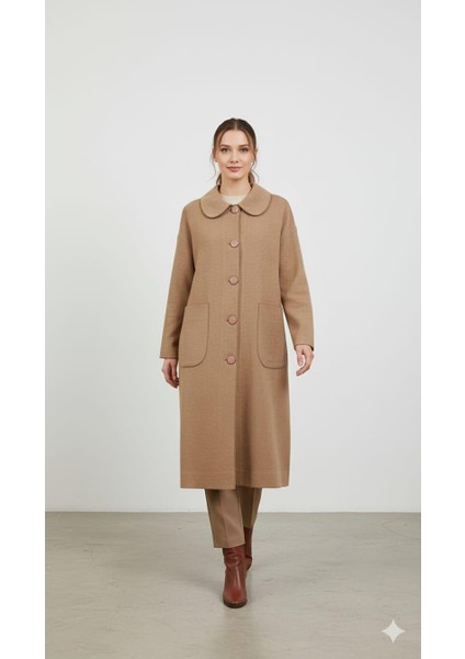 Yün Dokulu Özel Polyviskon Kumaş Astarsız Giy Çık Kap Kaban-Latte