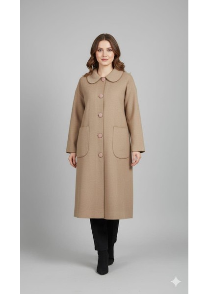 Yün Dokulu Özel Polyviskon Kumaş Astarsız Giy Çık Kap Kaban-Latte modelleri