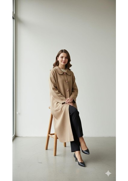 Yün Dokulu Özel Polyviskon Kumaş Astarsız Giy Çık Kap Kaban-Latte fırsatları