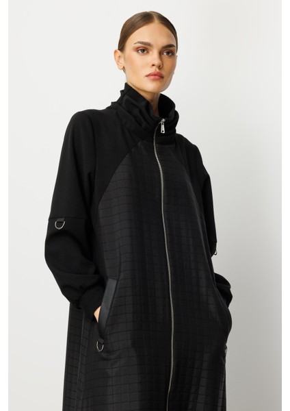 Kare Jakar Krep Doku Mix Astarlı Mevsimlik Spor Trench Kap-Siyah