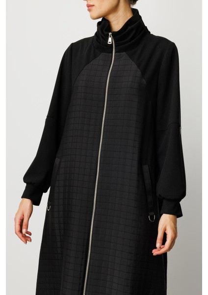 Kare Jakar Krep Doku Mix Astarlı Mevsimlik Spor Trench Kap-Siyah