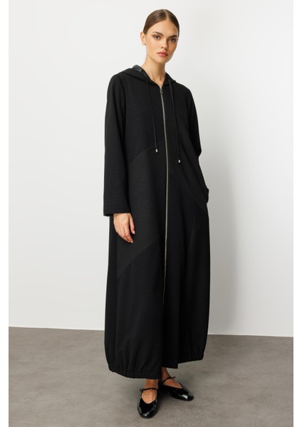 Otto Kumaş ve Düz Krep Doku Ile Pach Edilmiş Içi Komple Astarlı Zamansız Mevsimlik Trench / Kap-Siyah