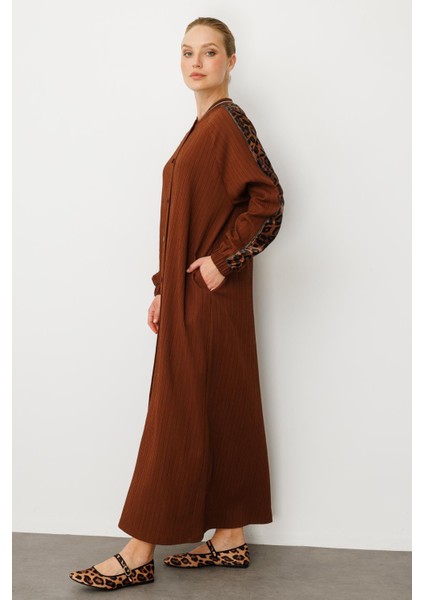 Leopar Omuz Detaylı Dokuma Kumaş Ferace Kap-Kahve fırsatları