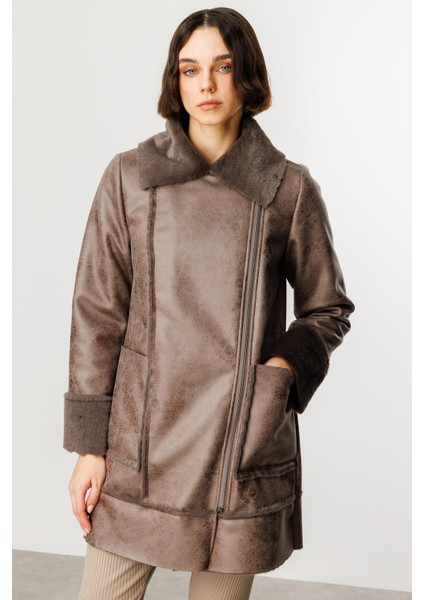 Crok Suni Deri ve Içi Soft Kürk Kaplı Spor Kaban-Vizon