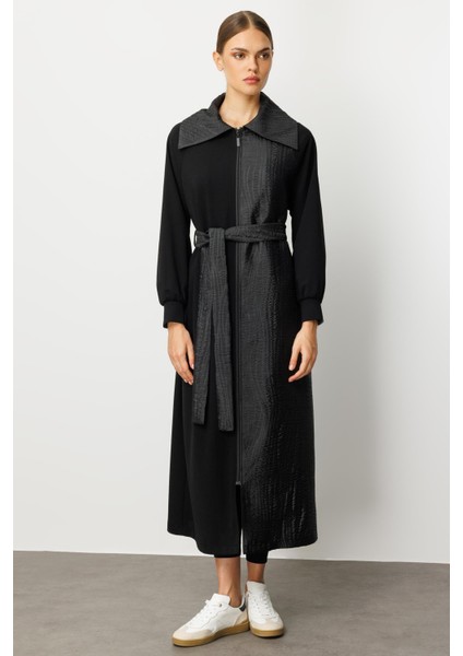 Krep Doku ve Jakar Mix Garni Içi Astarlı Zamansız Trench Kap-Siyah