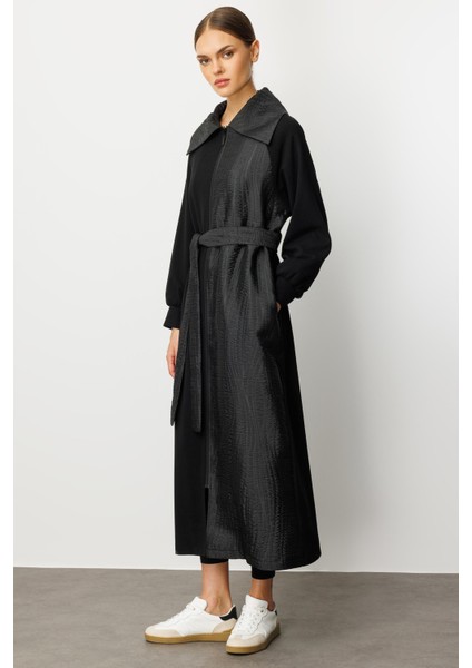 Krep Doku ve Jakar Mix Garni Içi Astarlı Zamansız Trench Kap-Siyah fiyatları